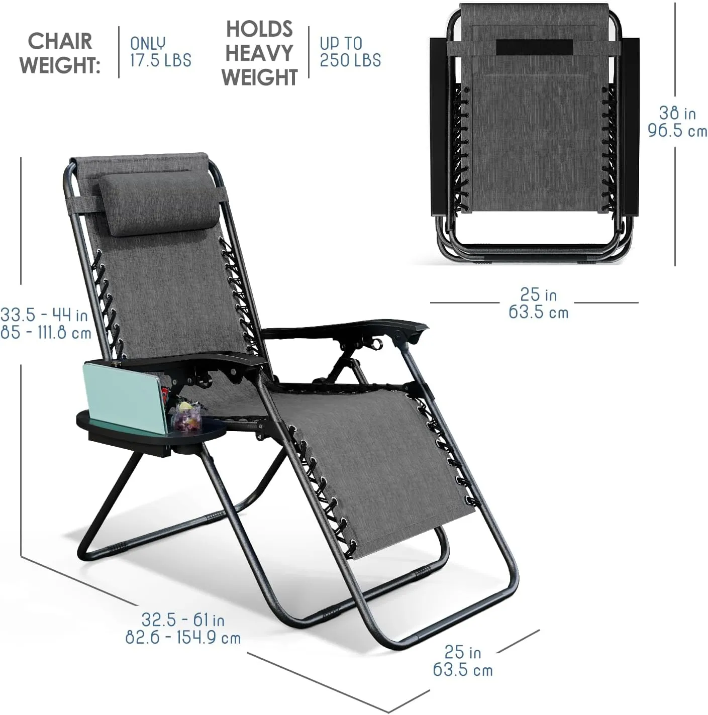 Nestl Zero Gravity Chairs Set of 2, Patio Lounge Chair Outdoor with Pillows & Cup Holder Trays, Adjustable Steel Mesh Reclining Camping Chair, Folding Patio Lawn Chair for Deck, Beach, Yard - Grey