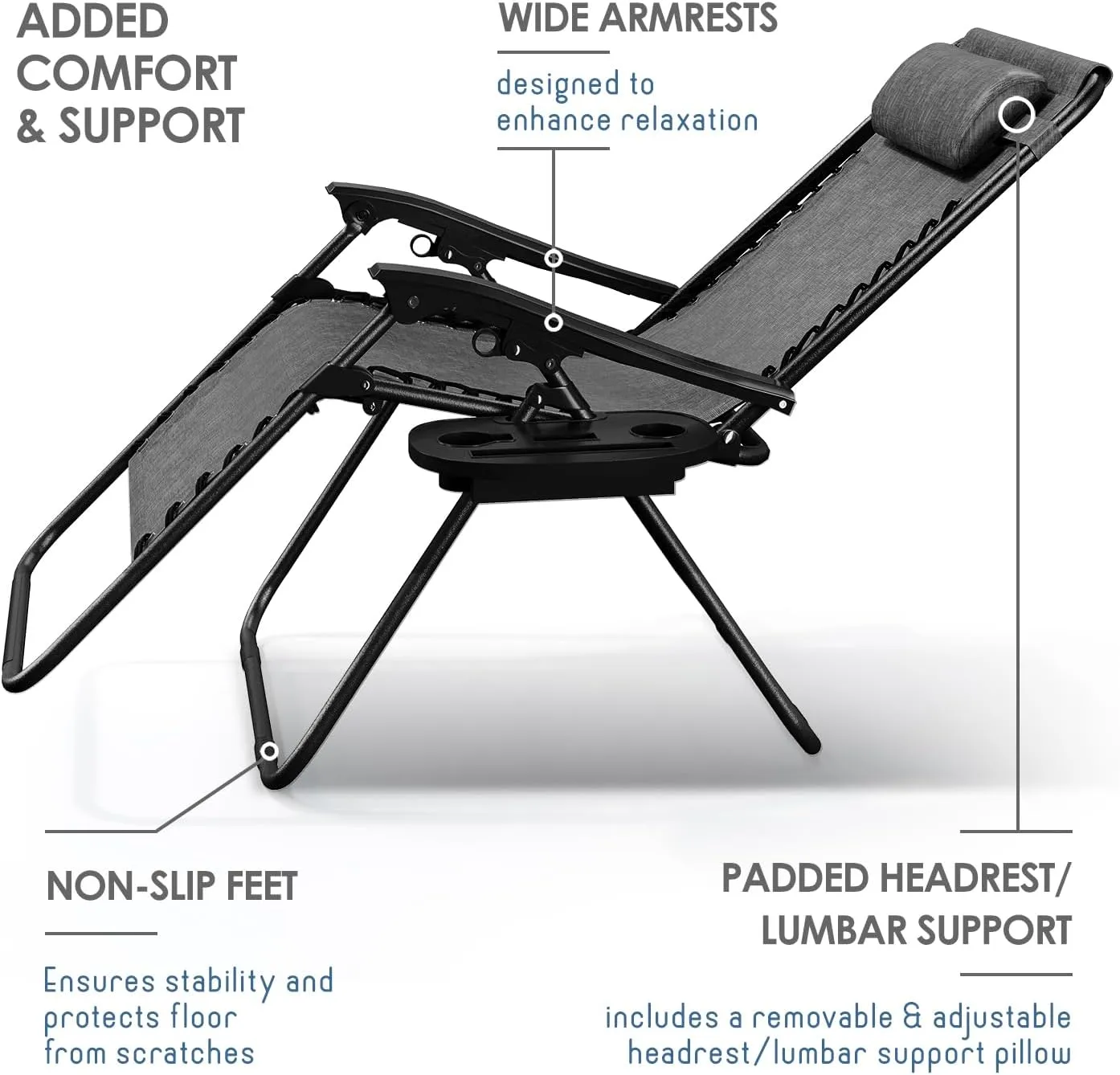 Nestl Zero Gravity Chairs Set of 2, Patio Lounge Chair Outdoor with Pillows & Cup Holder Trays, Adjustable Steel Mesh Reclining Camping Chair, Folding Patio Lawn Chair for Deck, Beach, Yard - Grey