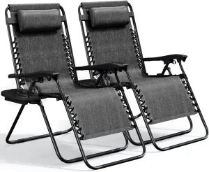 Nestl Zero Gravity Chairs Set of 2, Patio Lounge Chair Outdoor with Pillows & Cup Holder Trays, Adjustable Steel Mesh Reclining Camping Chair, Folding Patio Lawn Chair for Deck, Beach, Yard - Grey