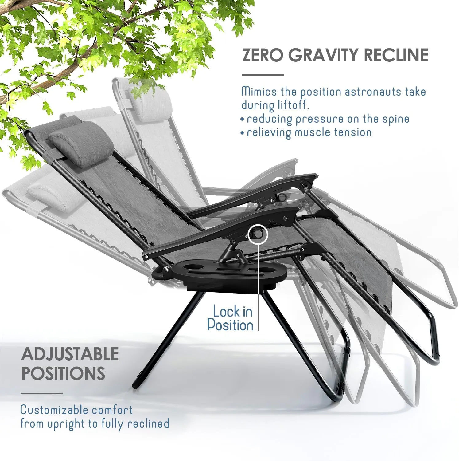 Nestl Zero Gravity Chairs Set of 2, Patio Lounge Chair Outdoor with Pillows & Cup Holder Trays, Adjustable Steel Mesh Reclining Camping Chair, Folding Patio Lawn Chair for Deck, Beach, Yard - Grey