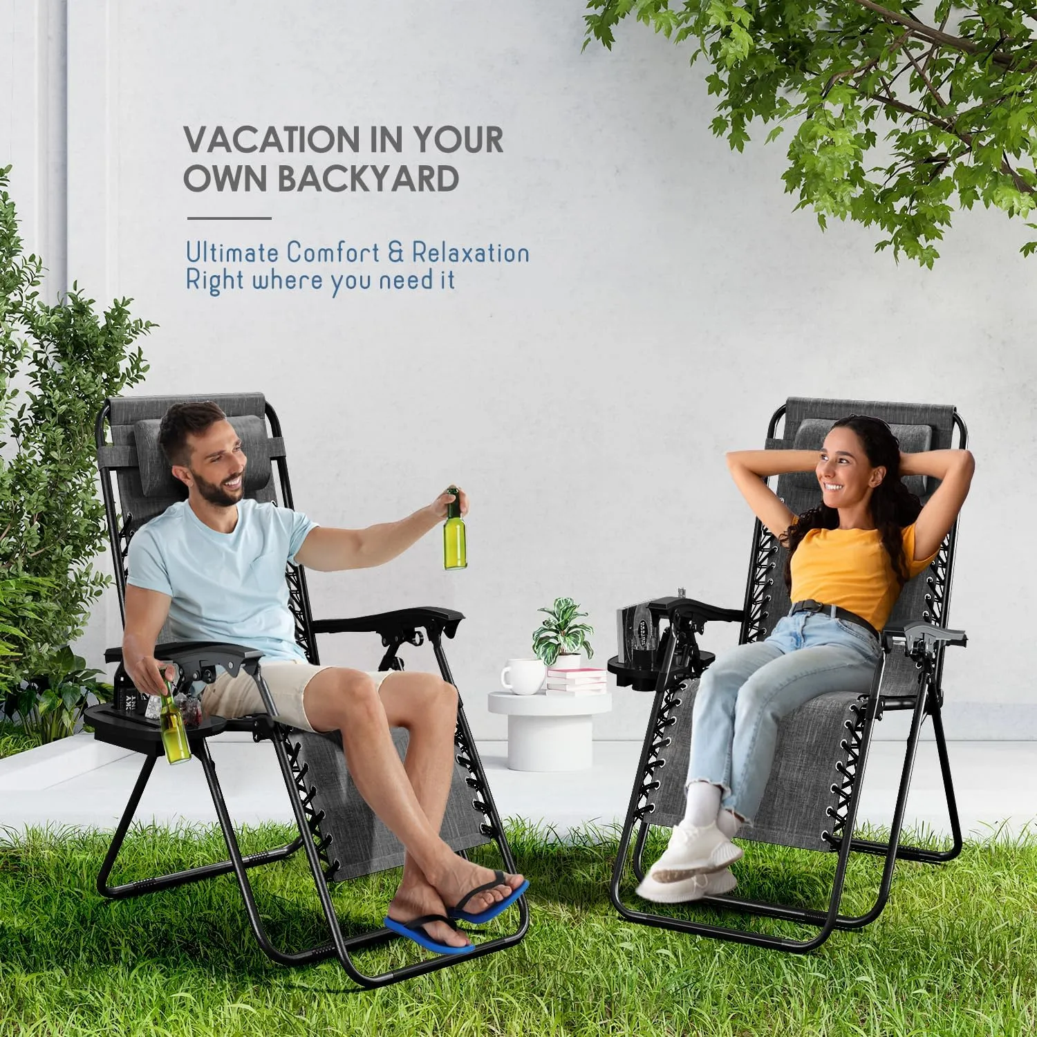 Nestl Zero Gravity Chairs Set of 2, Patio Lounge Chair Outdoor with Pillows & Cup Holder Trays, Adjustable Steel Mesh Reclining Camping Chair, Folding Patio Lawn Chair for Deck, Beach, Yard - Grey