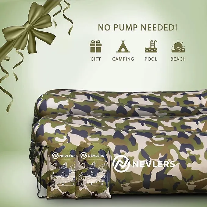Nevlers 2 Pack Inflatable Loungers Air Sofa Couch | Perfect for Beach Chair Camping Chairs or Portable Hammock |Travel Bag Pouch, Pegs & 3 Pockets| Movie Seating & Camping Accessories Blow Up Lounger