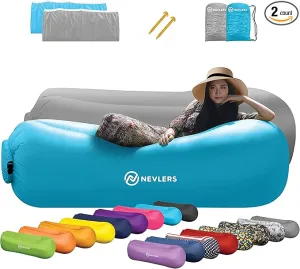 Nevlers 2 Pack Inflatable Loungers Air Sofa Couch | Perfect for Beach Chair Camping Chairs or Portable Hammock |Travel Bag Pouch, Pegs & 3 Pockets| Movie Seating & Camping Accessories Blow Up Lounger