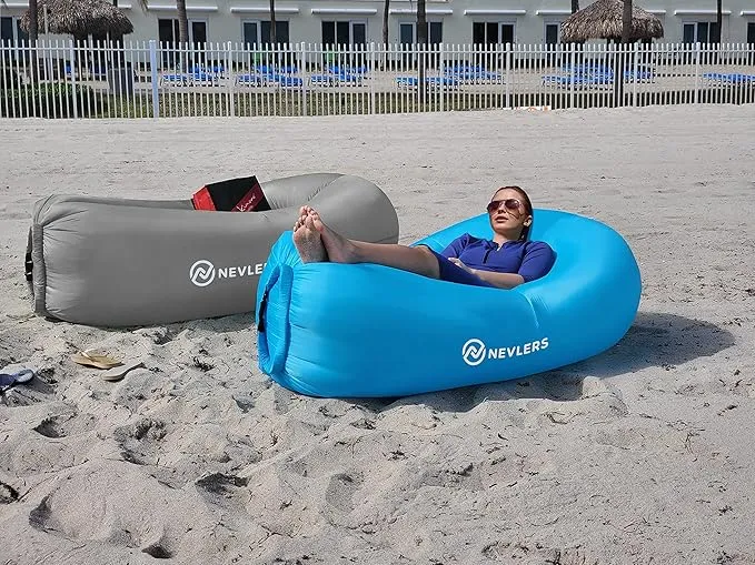 Nevlers 2 Pack Inflatable Loungers Air Sofa Couch | Perfect for Beach Chair Camping Chairs or Portable Hammock |Travel Bag Pouch, Pegs & 3 Pockets| Movie Seating & Camping Accessories Blow Up Lounger
