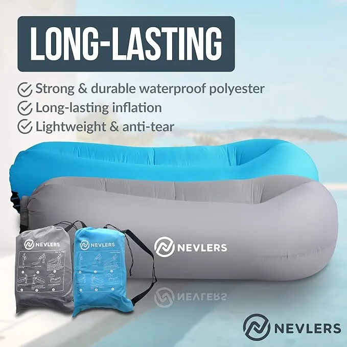 Nevlers 2 Pack Inflatable Loungers Air Sofa Couch | Perfect for Beach Chair Camping Chairs or Portable Hammock |Travel Bag Pouch, Pegs & 3 Pockets| Movie Seating & Camping Accessories Blow Up Lounger