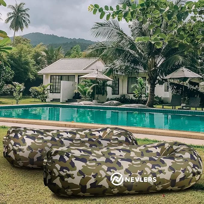 Nevlers 2 Pack Inflatable Loungers Air Sofa Couch | Perfect for Beach Chair Camping Chairs or Portable Hammock |Travel Bag Pouch, Pegs & 3 Pockets| Movie Seating & Camping Accessories Blow Up Lounger