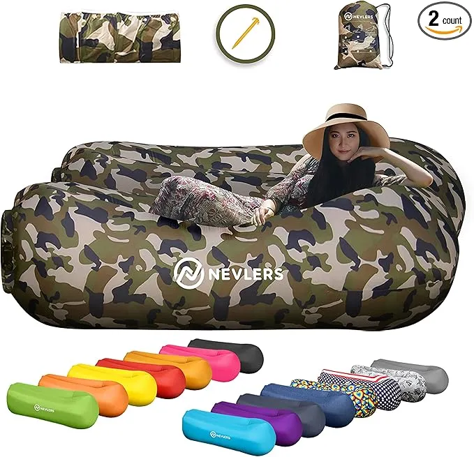 Nevlers 2 Pack Inflatable Loungers Air Sofa Couch | Perfect for Beach Chair Camping Chairs or Portable Hammock |Travel Bag Pouch, Pegs & 3 Pockets| Movie Seating & Camping Accessories Blow Up Lounger