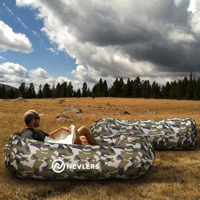 Nevlers 2 Pack Inflatable Loungers Air Sofa Couch | Perfect for Beach Chair Camping Chairs or Portable Hammock |Travel Bag Pouch, Pegs & 3 Pockets| Movie Seating & Camping Accessories Blow Up Lounger