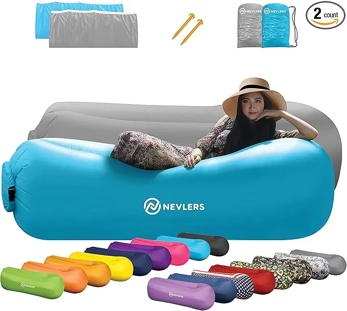 Nevlers 2 Pack Inflatable Loungers Air Sofa Couch | Perfect for Beach Chair Camping Chairs or Portable Hammock |Travel Bag Pouch, Pegs & 3 Pockets| Movie Seating & Camping Accessories Blow Up Lounger