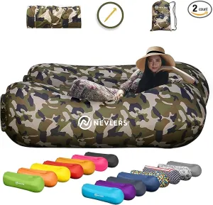 Nevlers 2 Pack Inflatable Loungers Air Sofa Couch | Perfect for Beach Chair Camping Chairs or Portable Hammock |Travel Bag Pouch, Pegs & 3 Pockets| Movie Seating & Camping Accessories Blow Up Lounger