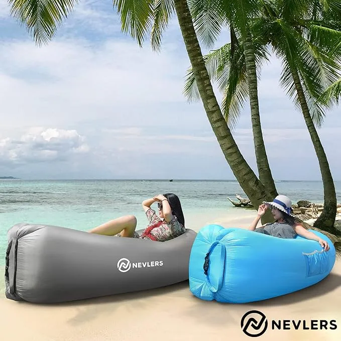 Nevlers 2 Pack Inflatable Loungers Air Sofa Couch | Perfect for Beach Chair Camping Chairs or Portable Hammock |Travel Bag Pouch, Pegs & 3 Pockets| Movie Seating & Camping Accessories Blow Up Lounger