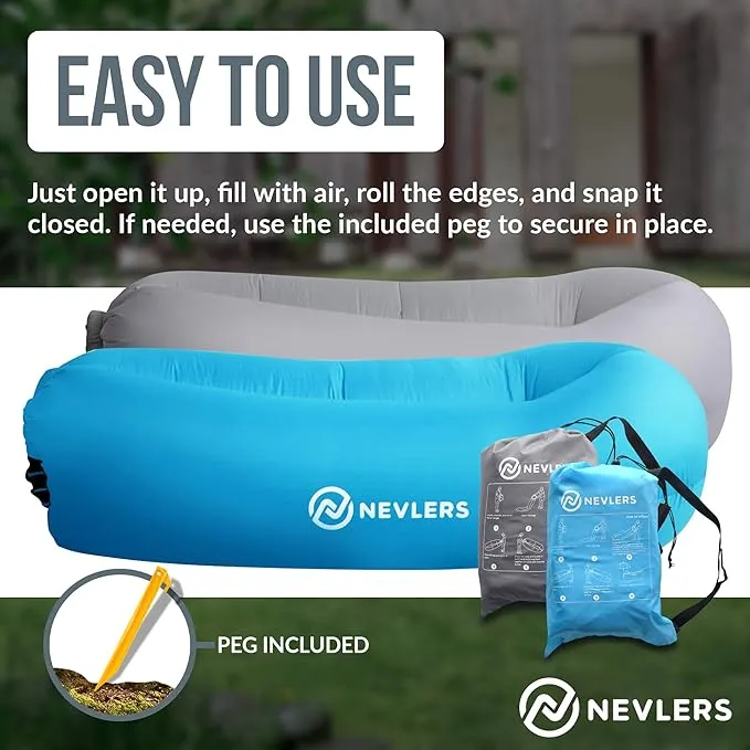 Nevlers 2 Pack Inflatable Loungers Air Sofa Couch | Perfect for Beach Chair Camping Chairs or Portable Hammock |Travel Bag Pouch, Pegs & 3 Pockets| Movie Seating & Camping Accessories Blow Up Lounger