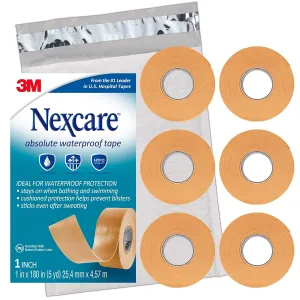 Nexcare Absolute Waterproof Tape, Flexible Foam Medical Tape, Secures Dressing and Keeps Wounds Dry - 1 In x 5 Yds, 6 Rolls of Tape