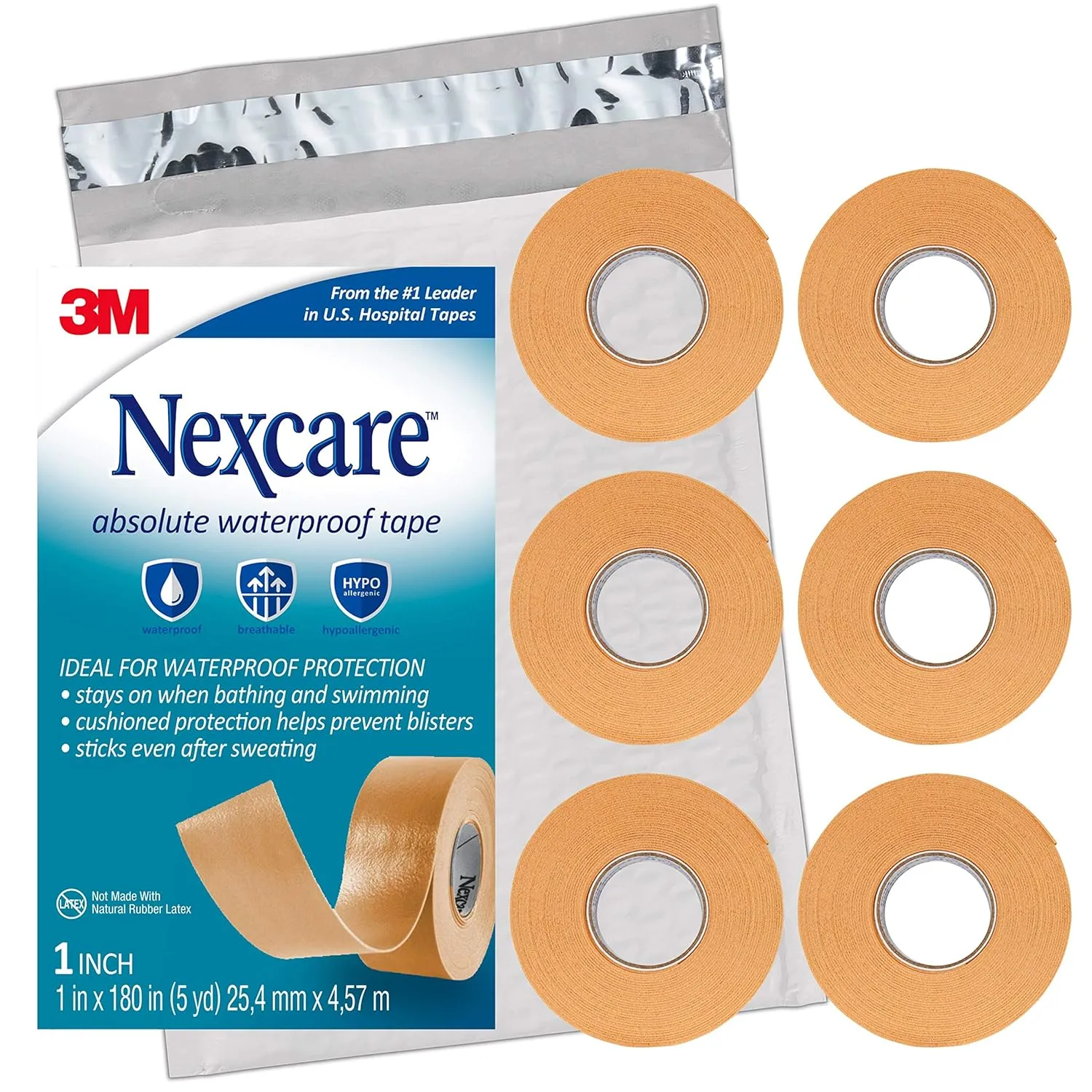 Nexcare Absolute Waterproof Tape, Flexible Foam Medical Tape, Secures Dressing and Keeps Wounds Dry - 1 In x 5 Yds, 6 Rolls of Tape