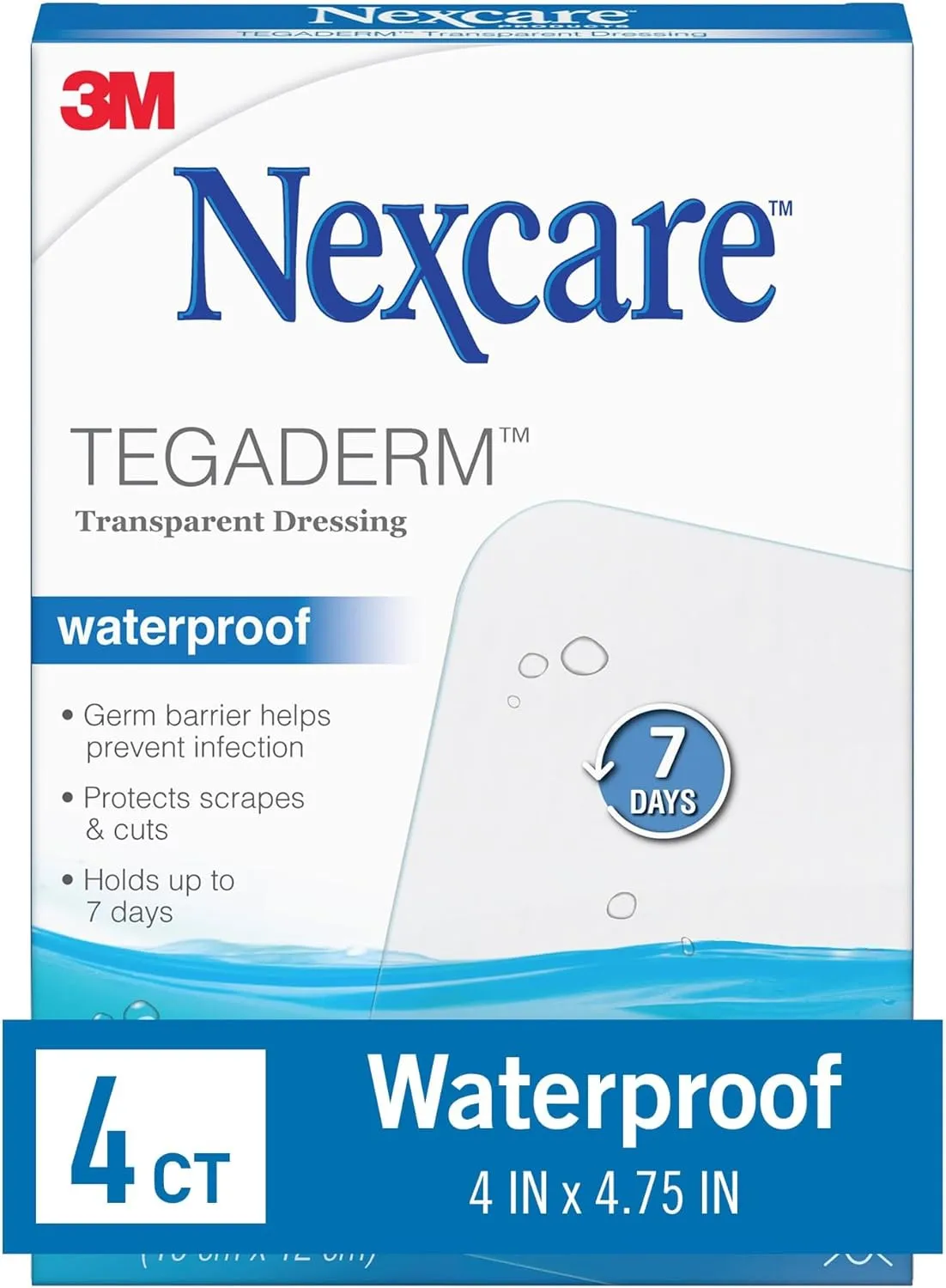 Nexcare Tegaderm Waterproof Transparent Dressing 4″ x 4¾″ – 4 Count Film Bandage for Wound Care, Seals Out Water, Dirt & Germs, Stays on Up to 7 Days