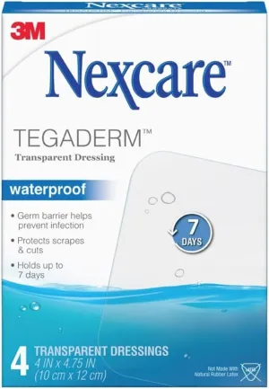 Nexcare Tegaderm Waterproof Transparent Dressing 4″ x 4¾″ – 4 Count Film Bandage for Wound Care, Seals Out Water, Dirt & Germs, Stays on Up to 7 Days