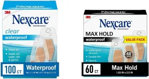 Nexcare Waterproof Bandages, Stays on in The Pool, Holds for 12 Hours & Max Hold Waterproof Bandages, Stays On for 48 Hours, Flexible Bandages for Fingers, Knees and Heels