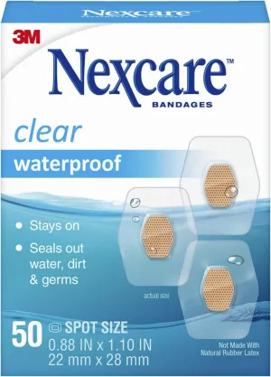Nexcare Waterproof Clear Bandages, Covers And Protects, 360 Degree Seal Around The Pad Offers Protection Against Water, Dirt, And Germs, 0.88 x 1.1 in, 50 Count(Pack of 3)