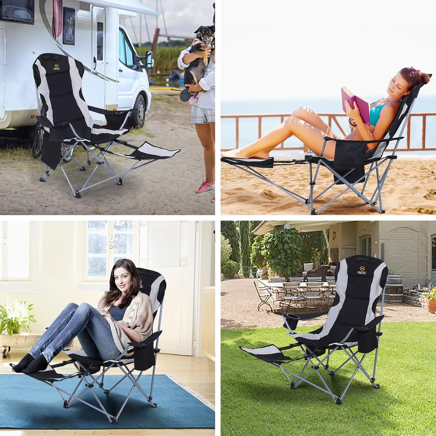 Nice C Camping Chairs, Portable Camping Chairs, Folding Camping Chair, Detachable Foot-Rest, Padded Cushion, Side-Pocket and Carry Bag (Camping Chair with Footrest 2-Pack, Black)