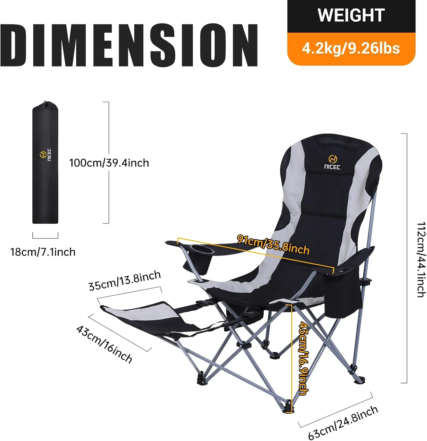Nice C Camping Chairs, Portable Camping Chairs, Folding Camping Chair, Detachable Foot-Rest, Padded Cushion, Side-Pocket and Carry Bag (Camping Chair with Footrest 2-Pack, Black)