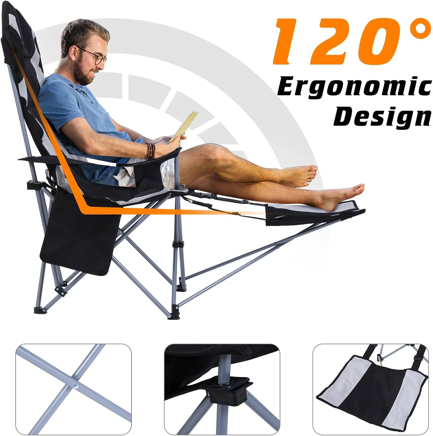 Nice C Camping Chairs, Portable Camping Chairs, Folding Camping Chair, Detachable Foot-Rest, Padded Cushion, Side-Pocket and Carry Bag (Camping Chair with Footrest 2-Pack, Black)