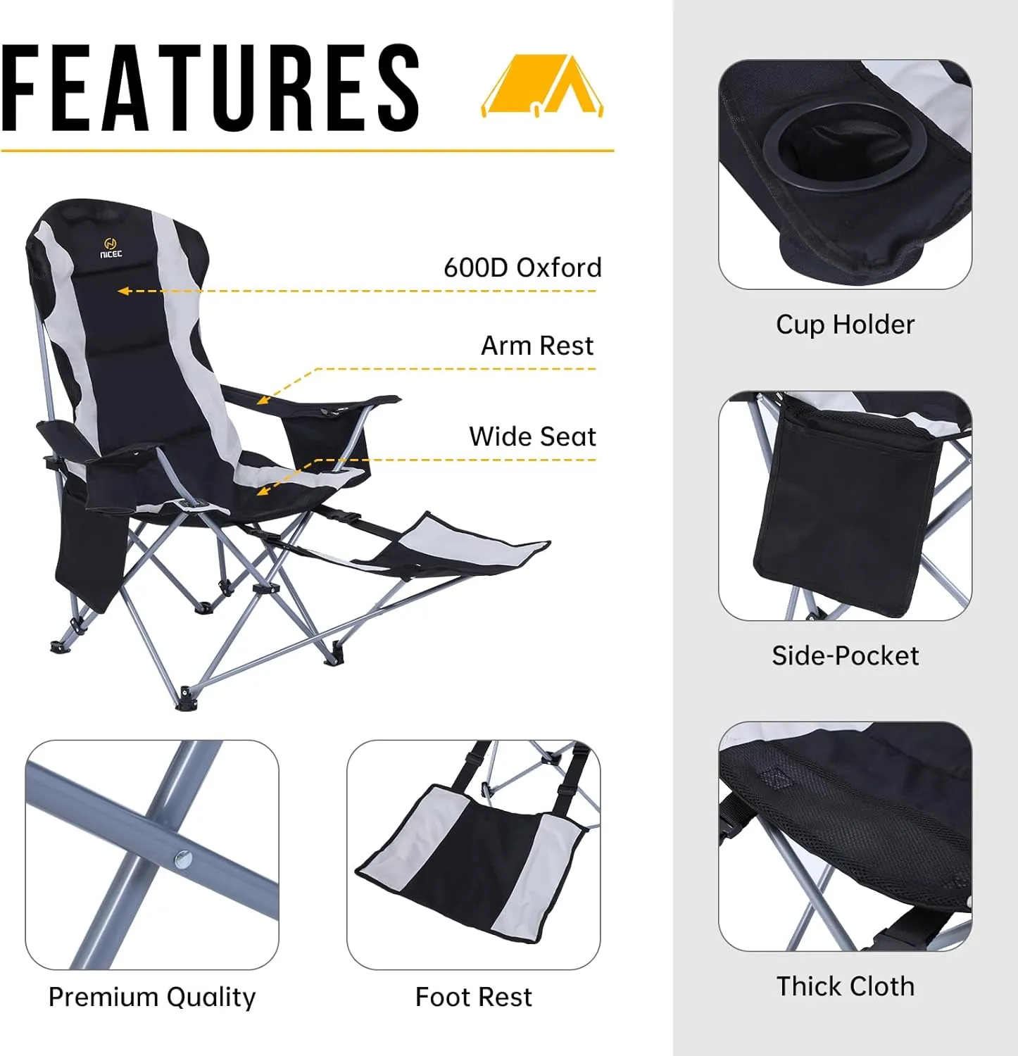 Nice C Camping Chairs, Portable Camping Chairs, Folding Camping Chair, Detachable Foot-Rest, Padded Cushion, Side-Pocket and Carry Bag (Camping Chair with Footrest 2-Pack, Black)