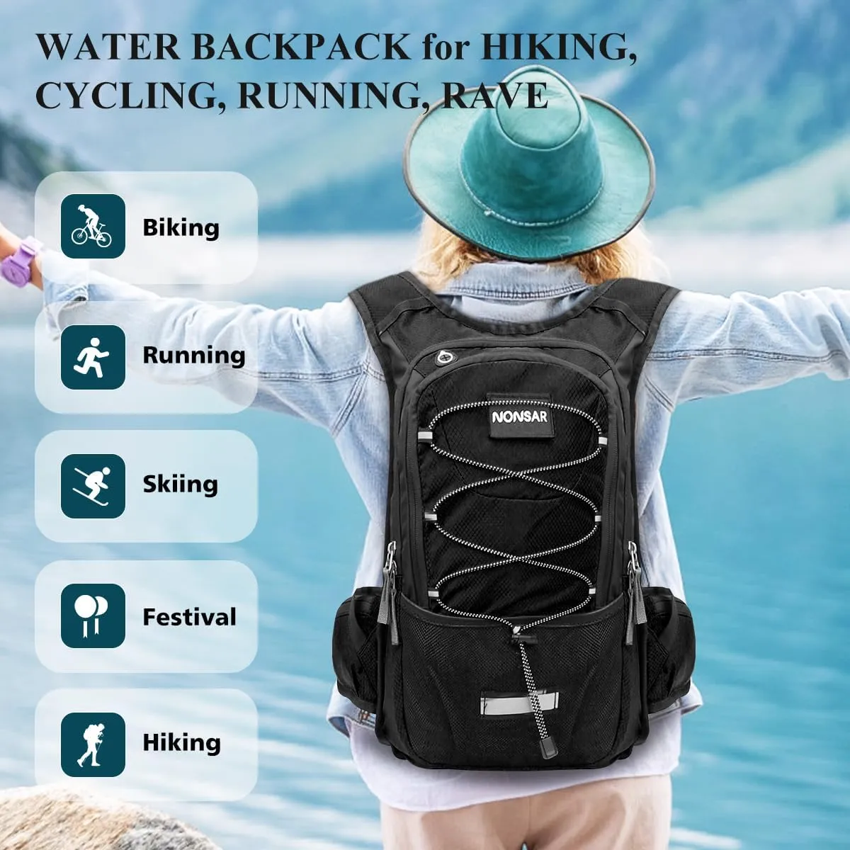 NONSAR Hydration Backpack, Hiking Backpack with 3L Water Bladder, Lightweight Insulation Hydration Pack, Water Backpack for Hiking, Cycling, Running, Festival, Camping for Men Women