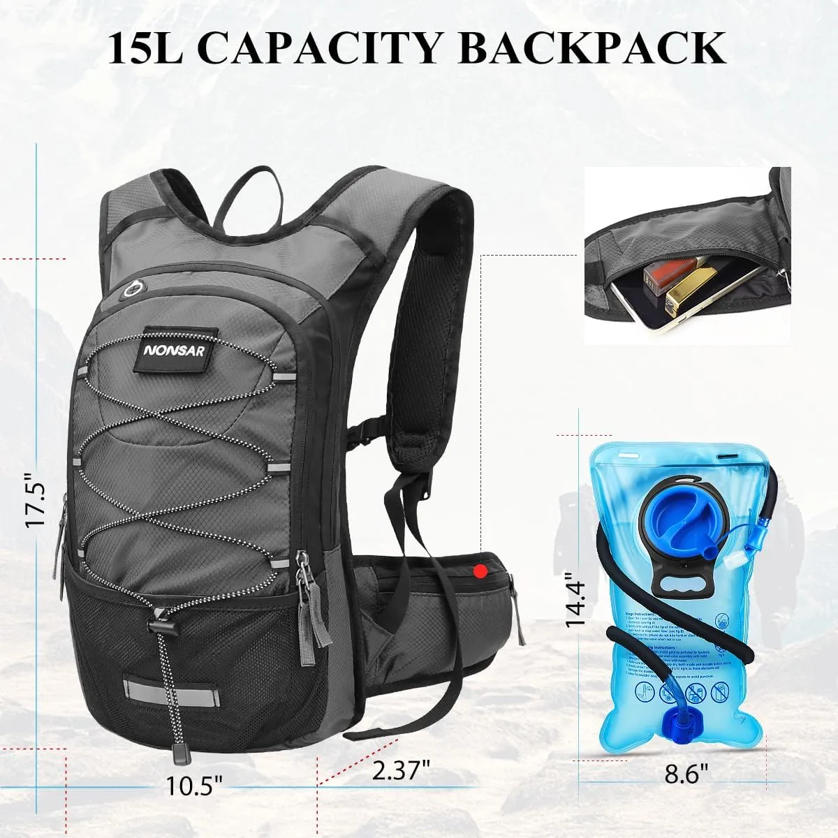 NONSAR Hydration Backpack, Hiking Backpack with 3L Water Bladder, Lightweight Insulation Hydration Pack, Water Backpack for Hiking, Cycling, Running, Festival, Camping for Men Women