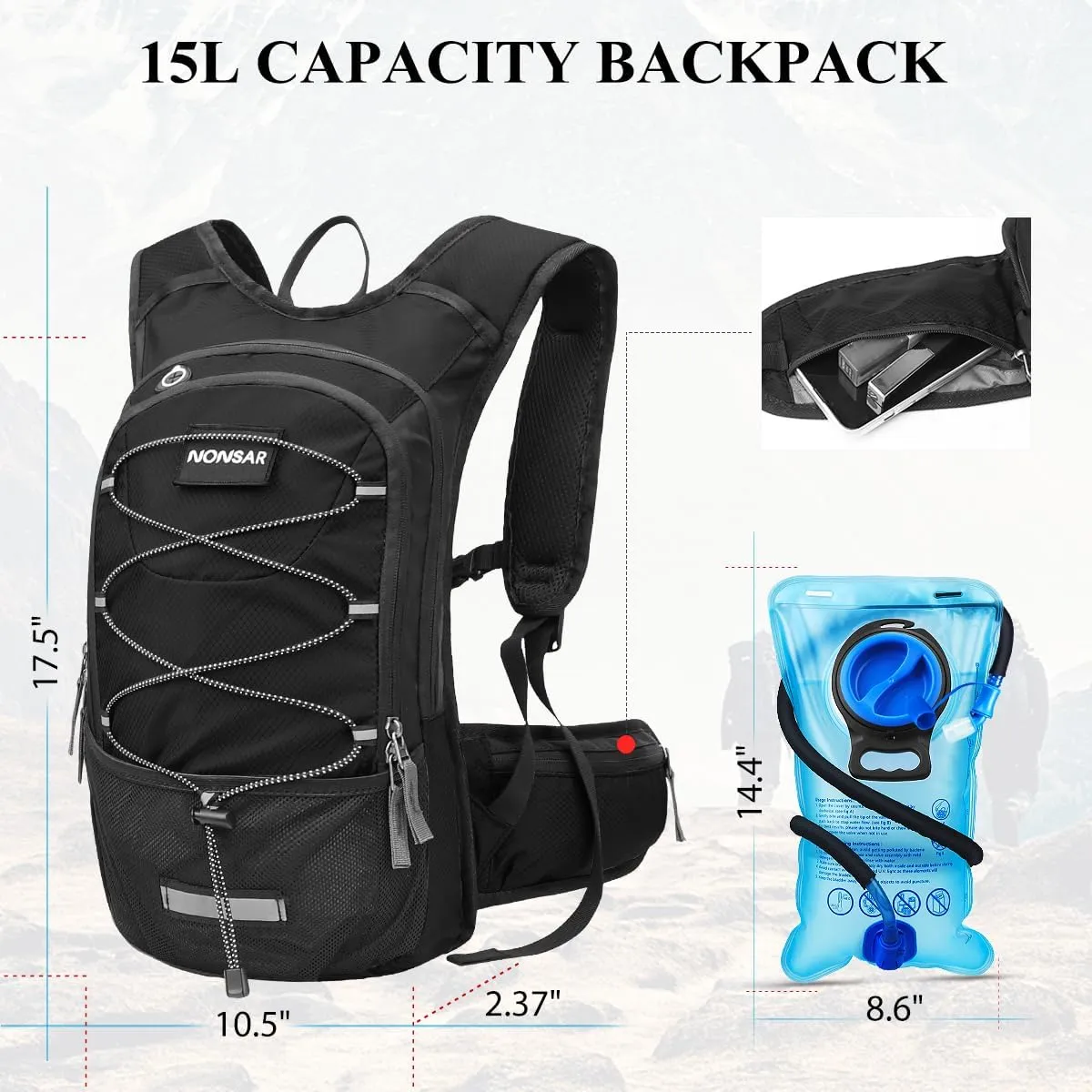 NONSAR Hydration Backpack, Hiking Backpack with 3L Water Bladder, Lightweight Insulation Hydration Pack, Water Backpack for Hiking, Cycling, Running, Festival, Camping for Men Women