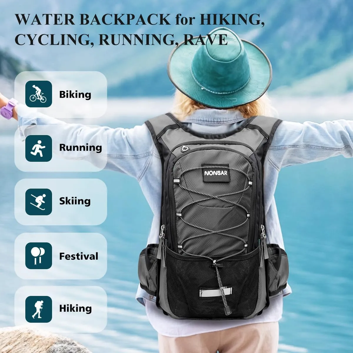 NONSAR Hydration Backpack, Hiking Backpack with 3L Water Bladder, Lightweight Insulation Hydration Pack, Water Backpack for Hiking, Cycling, Running, Festival, Camping for Men Women