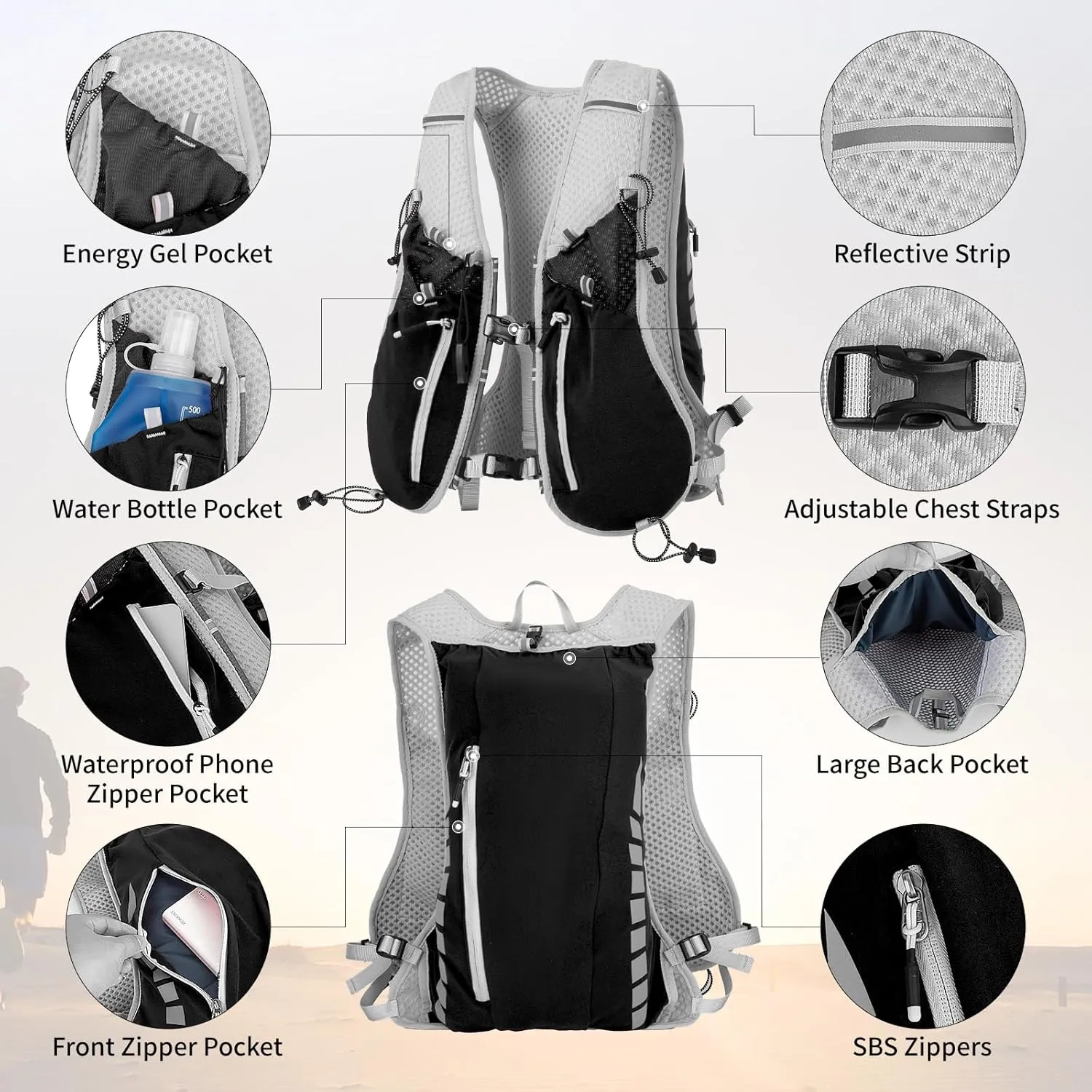 NONSAR Running Vest Backpack 7L, Running Vest for Men Women, Lightweight Pack with 500ml Soft Flask, Adjustable Chest Straps and Reflective Running Hydration Vest for Running Hiking Cycling Camping