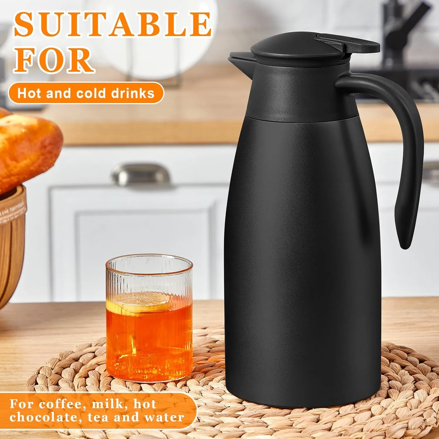 Norme 2 Pcs Thermal Coffee Carafe Insulated Stainless Steel Coffee Carafe for Hot Liquid Vacuum Thermal Pot Creamer Pitcher Dispenser with Brushes Keeping Hot Water Milk(Black)
