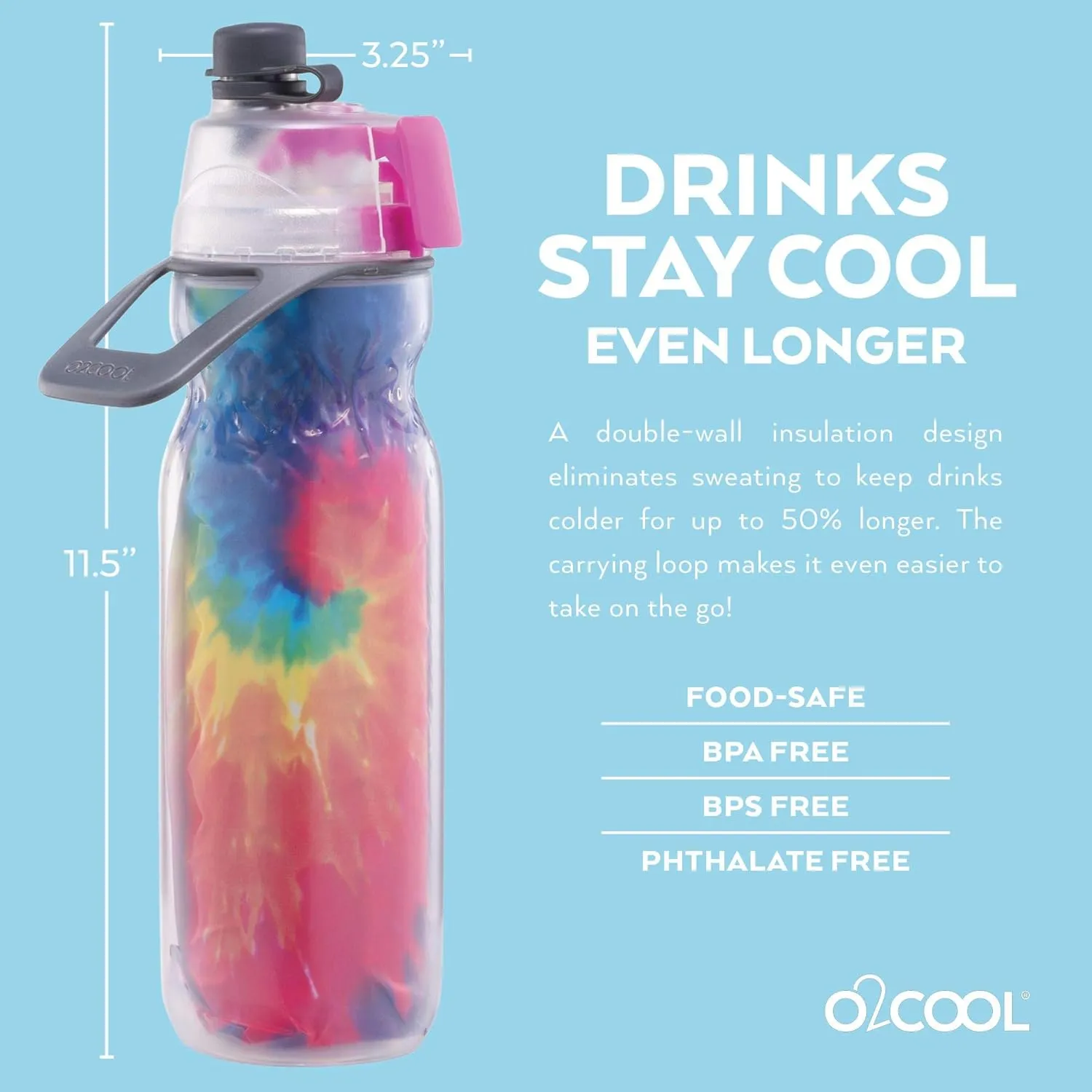 O2COOL Mist 'N Sip Misting Water Bottle 2-in-1 Mist And Sip Function With No Leak Pull Top Spout Reusable Sports Water Bottle - 20 oz (2 Pack Tie Dye)