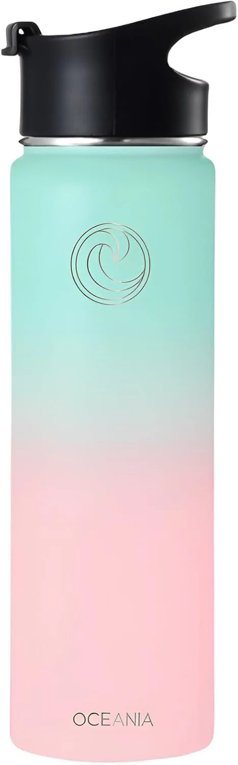 Oceania Wide Mouth 22oz Candy Floss Flask 22oz Stainless Steel Sports Water Bottle | Leakproof, BPA-Free, Insulated with 3 Lids, 3 Straws & 2 Straw Cleaning Brushes | Full Hydration Pack