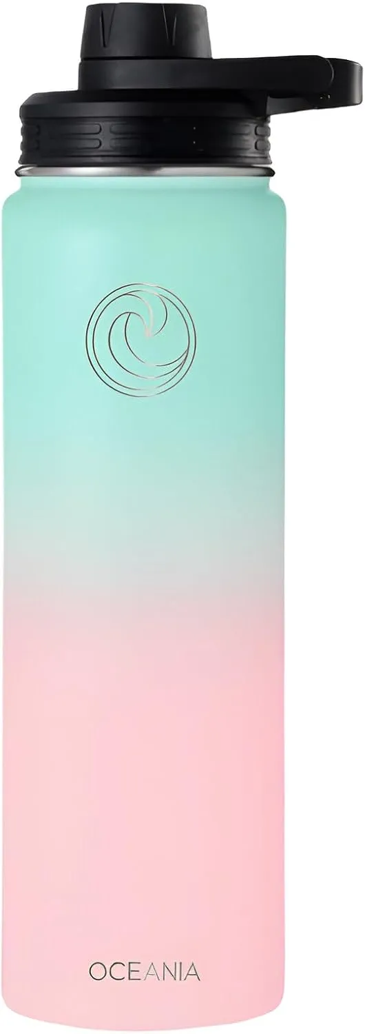 Oceania Wide Mouth 22oz Candy Floss Flask 22oz Stainless Steel Sports Water Bottle | Leakproof, BPA-Free, Insulated with 3 Lids, 3 Straws & 2 Straw Cleaning Brushes | Full Hydration Pack
