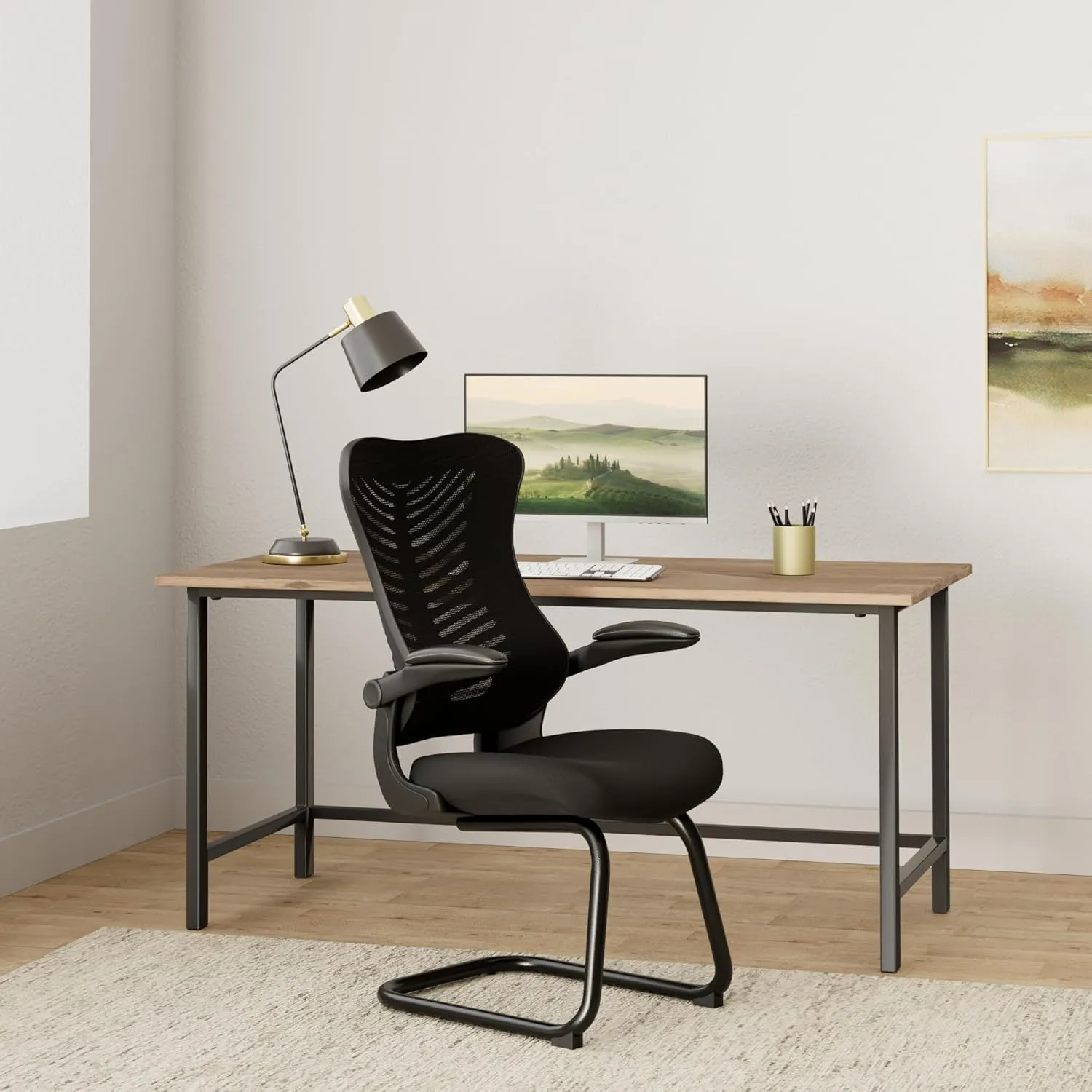 OfficeFactor Reception Guest Office Chairs with Flip Up Arms – Comfortable Mesh, Ergonomic Contour, Modern Convertible Furniture for Visitors, Meeting Groups 300 Lbs Rated (Black)