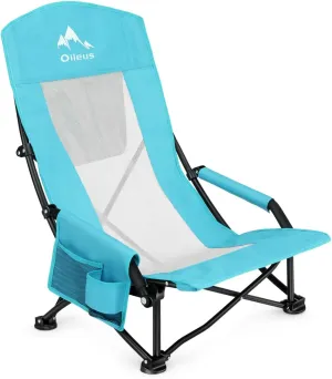 Oileus Folding Portable Beach Chair, Lightweight High Back Low Seat for Tent & Shelter & Camping, Full Mesh Back, Cup Holder, Storage/Carry Bag, Armrest - 1 Pcs