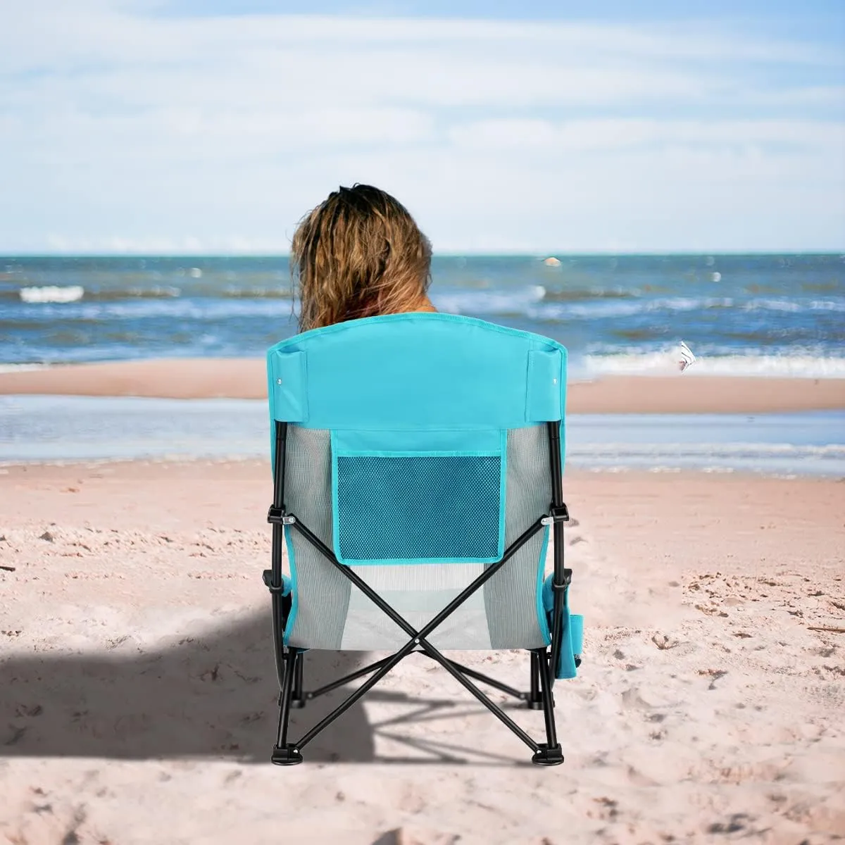 Oileus Folding Portable Beach Chair, Lightweight High Back Low Seat for Tent & Shelter & Camping, Full Mesh Back, Cup Holder, Storage/Carry Bag, Armrest - 1 Pcs