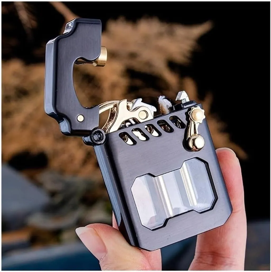 Old-Fashioned Metal Kerosene Lighter, refillable Kerosene Lighter, with Fuel Observation Window, Rocker Linkage Transmission Gear Ignition Lighter, Suitable for Wilderness, Travel, Camping (excluding