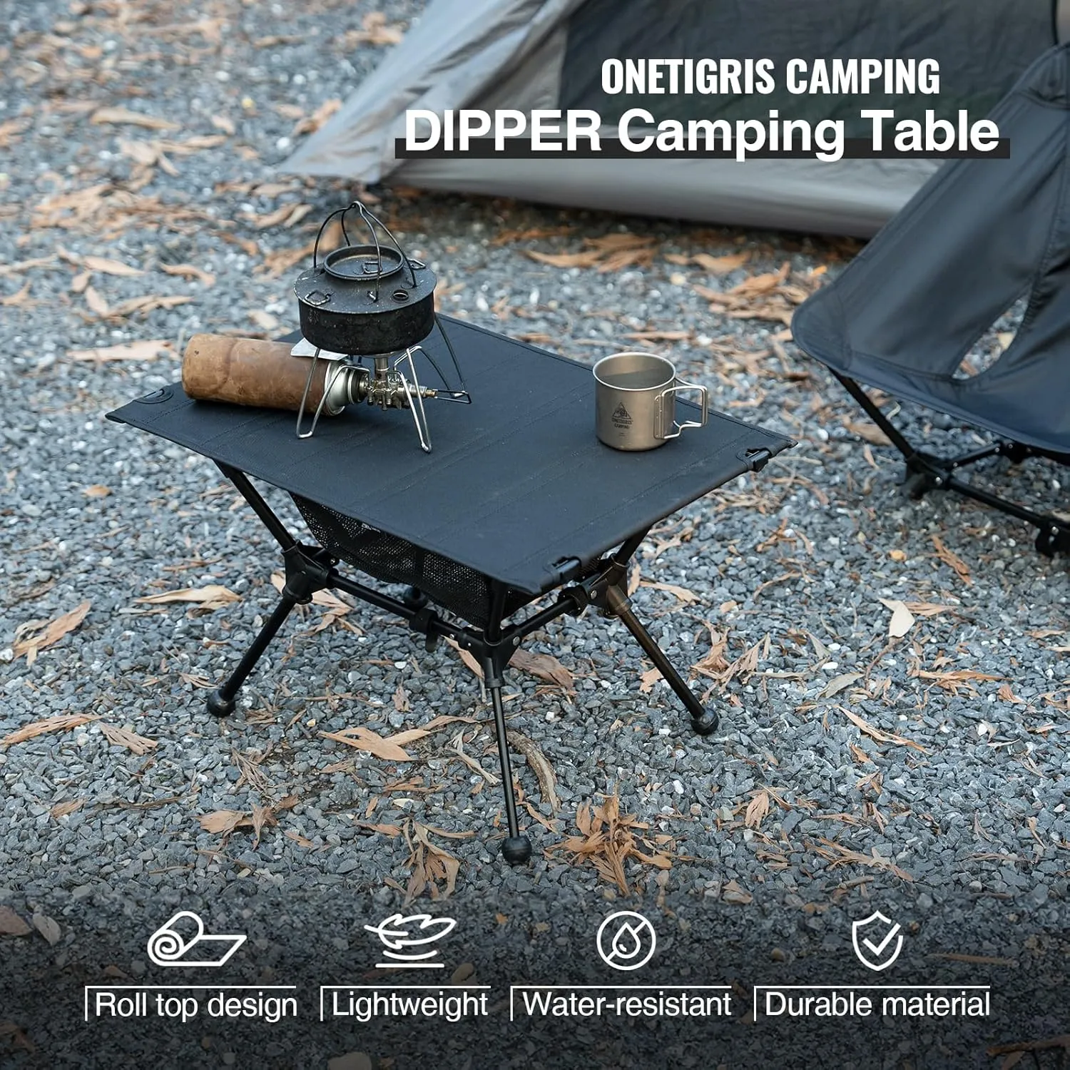 OneTigris Dipper Camping Table, Lightweight Portable Folding Table with Mesh Storage Net, High/Low Options, Ideal for Camping, Hiking, Tailgating, Beach, Picnic, Travel, Backyard (Black)