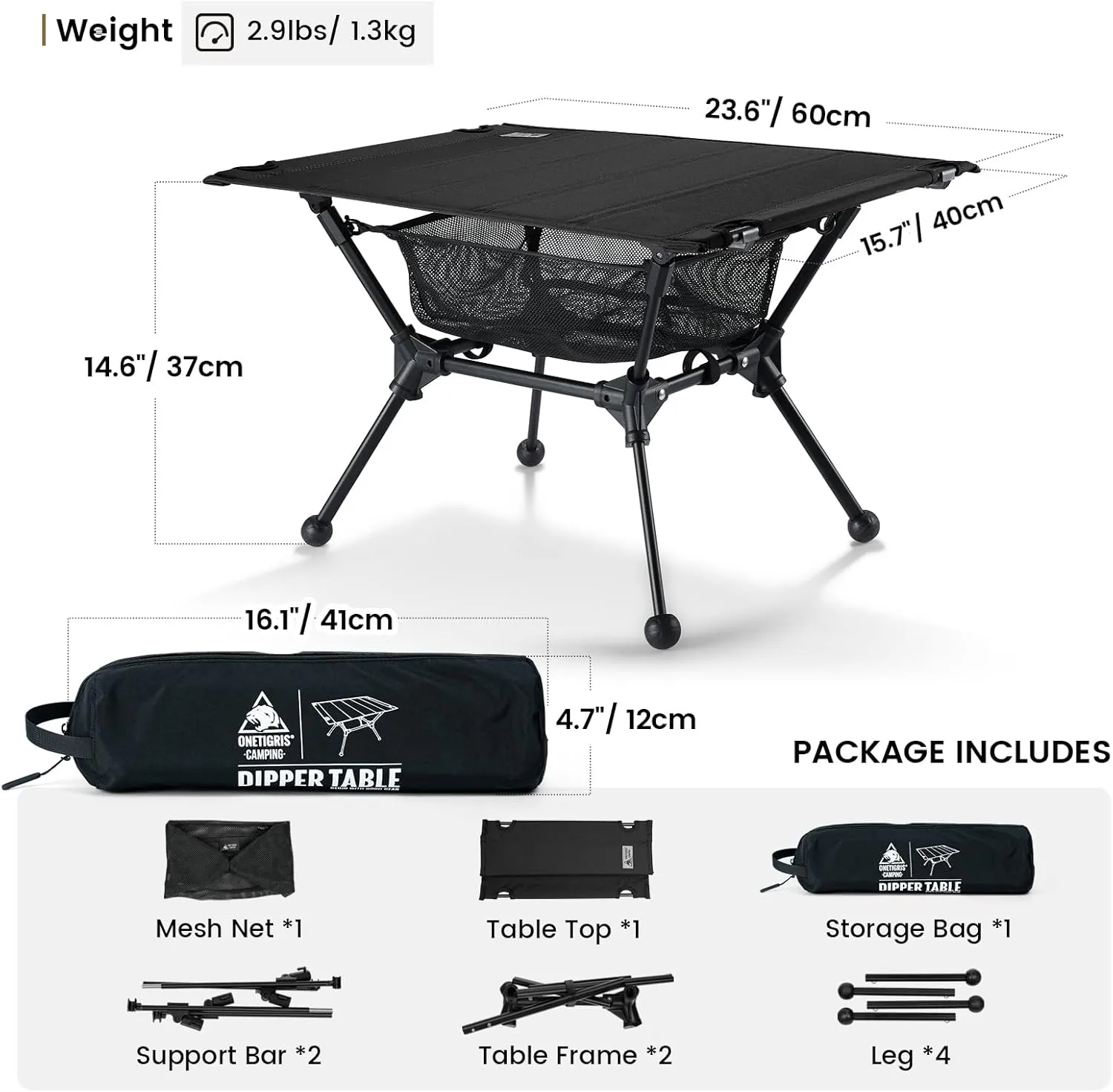 OneTigris Dipper Camping Table, Lightweight Portable Folding Table with Mesh Storage Net, High/Low Options, Ideal for Camping, Hiking, Tailgating, Beach, Picnic, Travel, Backyard (Black)