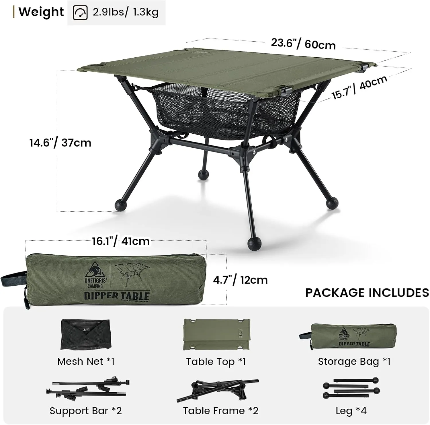 OneTigris Dipper Camping Table, Lightweight Portable Folding Table with Mesh Storage Net, High/Low Options, Ideal for Camping, Hiking, Tailgating, Beach, Picnic, Travel, Backyard (Ranger Green)