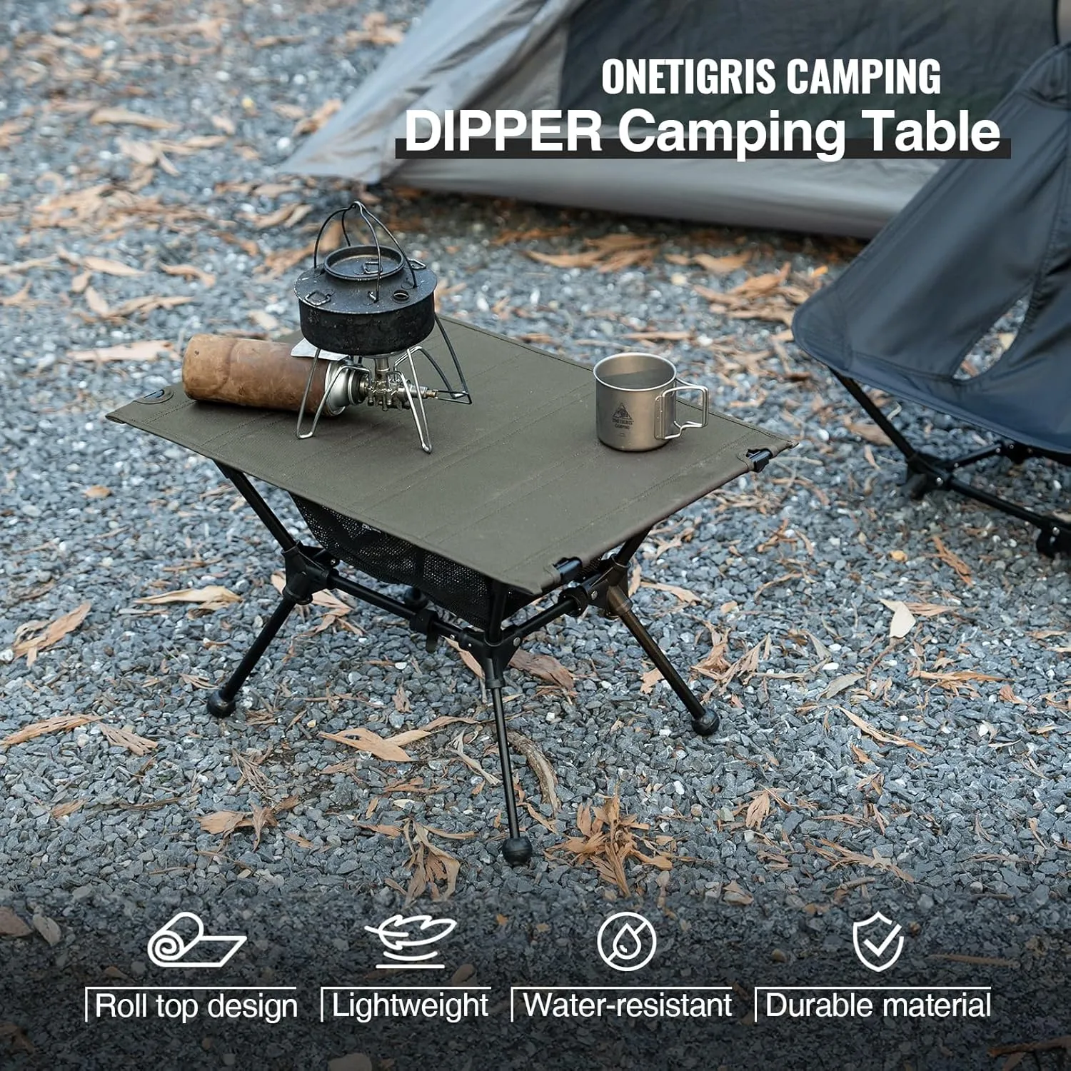 OneTigris Dipper Camping Table, Lightweight Portable Folding Table with Mesh Storage Net, High/Low Options, Ideal for Camping, Hiking, Tailgating, Beach, Picnic, Travel, Backyard (Ranger Green)
