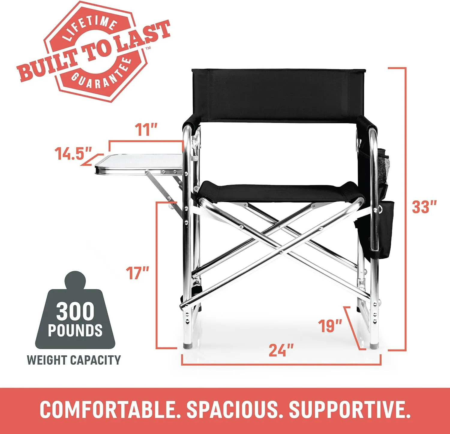 ONIVA - a Picnic Time brand - Sports Chair with Side Table, Beach Chair, Camp Chair for Adults, (Black)