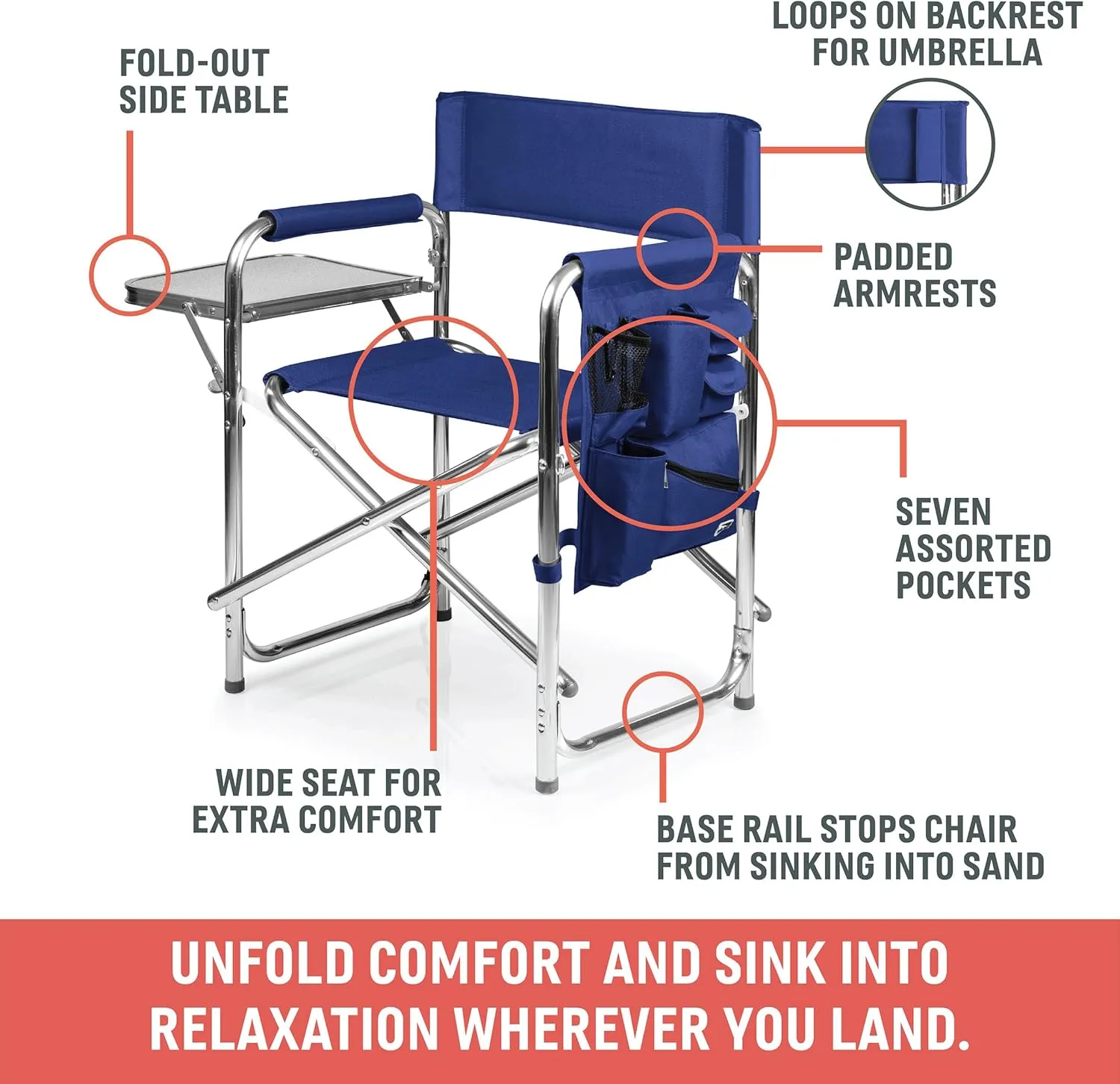 ONIVA - a Picnic Time brand - Sports Chair with Side Table, Beach Chair, Camp Chair for Adults, (Black)