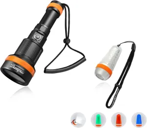ORCATORCH ZD710 2700 Lumen Zoomable Diving Flashlight & SD03 Dive Beacon 4-Color-in-1 (Blue, Red, White, Green) 8 Modes Combo