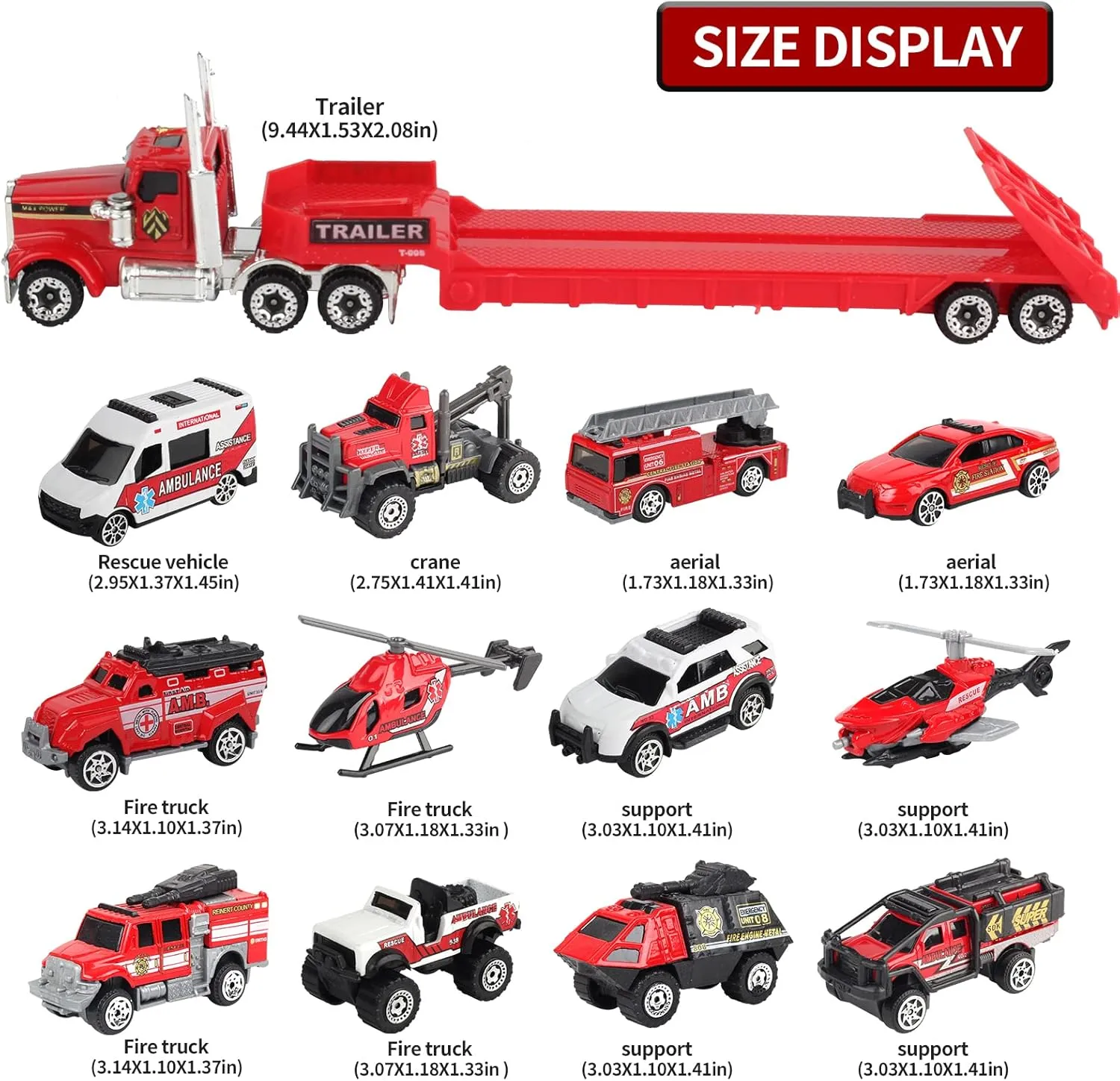 Oriate Fire Truck Vehicle Toys with Flatbed Trailer & Various Traffic Road Signs, Diecast Firetruck for 3 4 5 6 7 Year Old Boys Girls, Ambulance, Helicopter, Fire Rescue Theme Stickers
