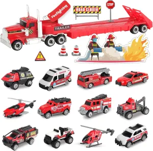 Oriate Fire Truck Vehicle Toys with Flatbed Trailer & Various Traffic Road Signs, Diecast Firetruck for 3 4 5 6 7 Year Old Boys Girls, Ambulance, Helicopter, Fire Rescue Theme Stickers