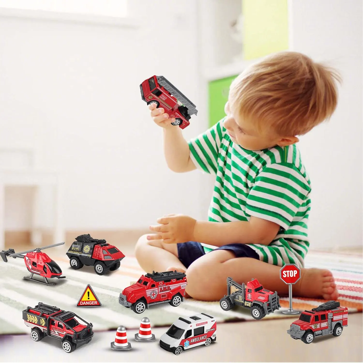 Oriate Fire Truck Vehicle Toys with Flatbed Trailer & Various Traffic Road Signs, Diecast Firetruck for 3 4 5 6 7 Year Old Boys Girls, Ambulance, Helicopter, Fire Rescue Theme Stickers