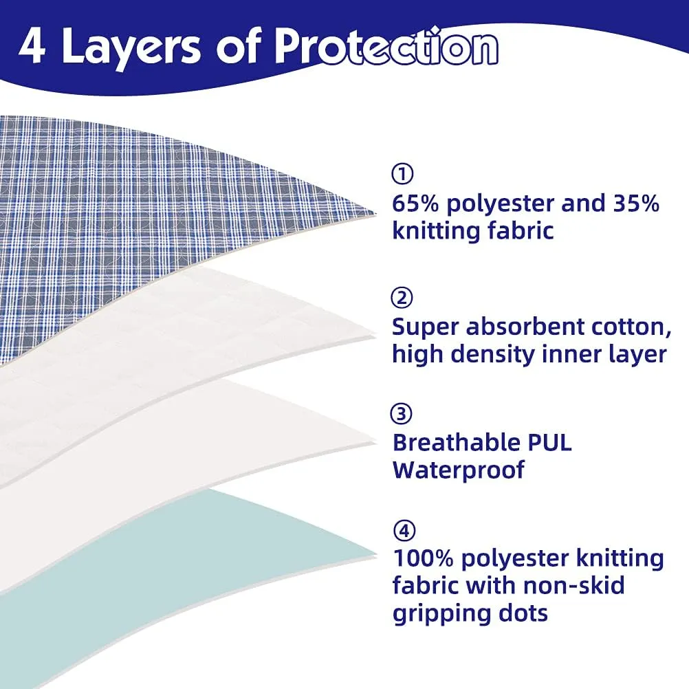 OUTCREATOR® Washable Bed Pads 34" x 54" (Pack of 2) for Incontinence Mattress Protector, Reusable Underpads for Elderly, Adults, Kids, Pets with Anti-Slip Bottom (Light Blue Plaid)